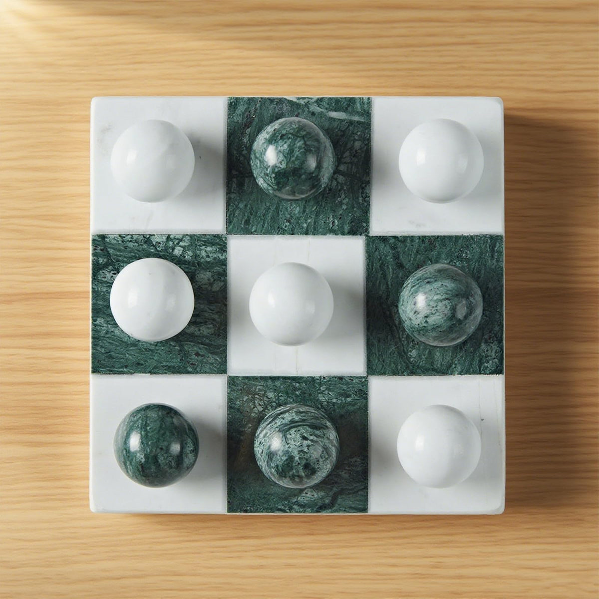 Green Marble Tic Tac Toe Board, Fresh Elegant Checkerboard, 7x7 Inch Premium Handcrafted Marble Tic Tac Toe Board, Modern Room Decor for Living Room, Office, Coffee Table