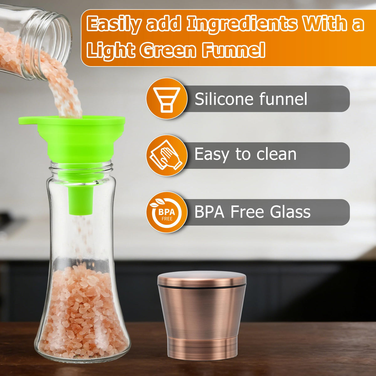 R DRURLCD Copper Salt and Pepper Grinder Set of 2,Refillable Adjustable Coarseness Stainless Steel, Pepper Mills W/Funnel for Kitchen