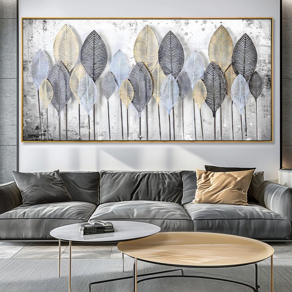 Modern Abstract Canvas Print Black White Leaves Natural Landscape Living Room Bedroom Office Decoration 48”×24" Framed