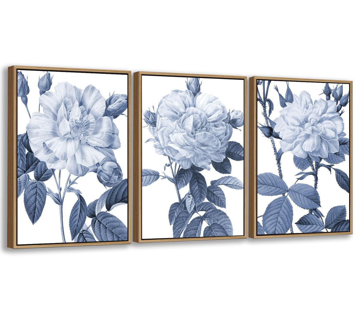 Large Framed Canvas Wall Art - Natural Float Framed Blue Gray Flowers Pictures Decor Rustic Blossom Leaves Botanical Artwork for Living Room Bedroom Kitchen Home Office Decoration 60" X 28" Set of 3