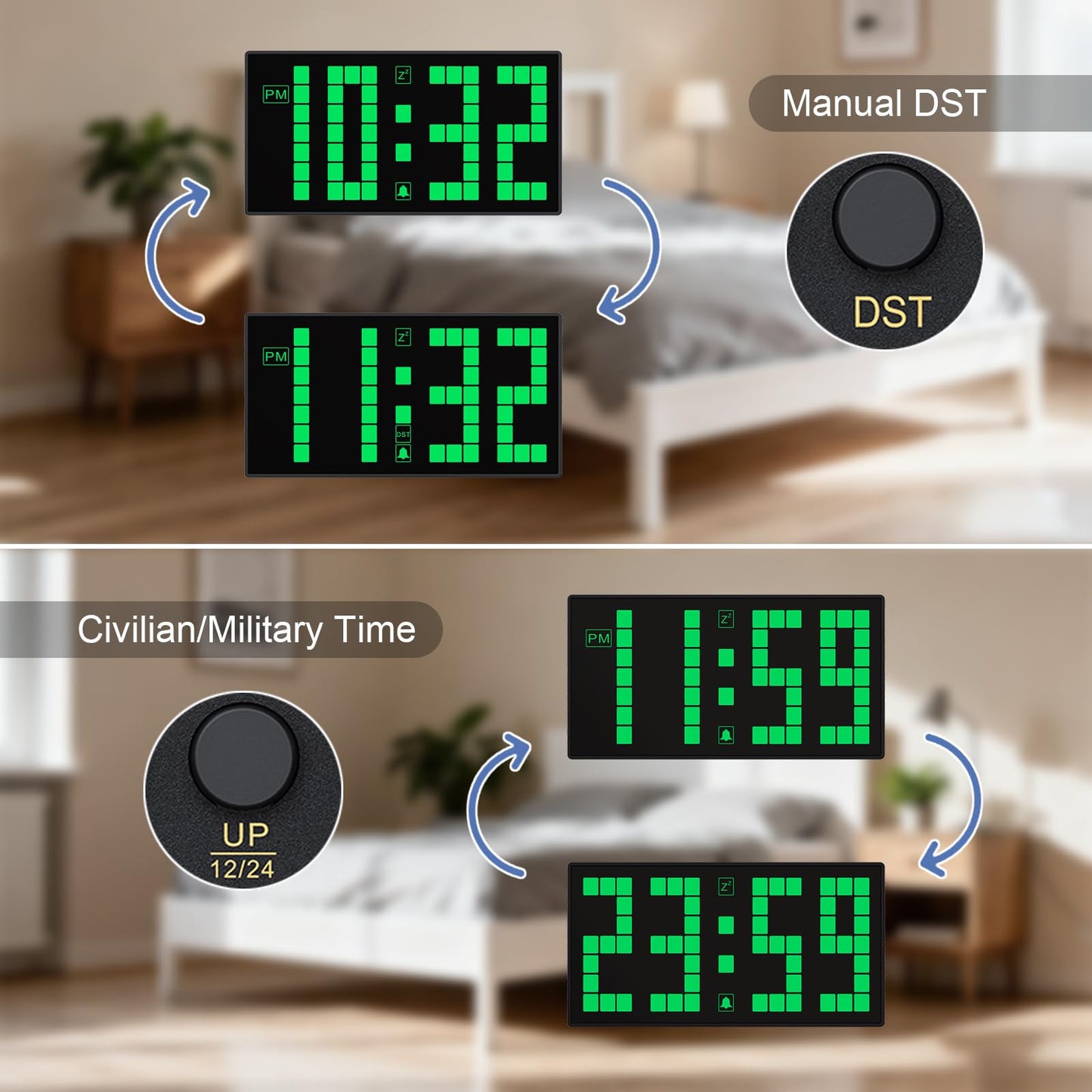 KWANWA Auto-Dimming Digital Alarm Clock with Weekend Mode & Battery Backup, 12/24H DST, Small LED Clock for Bedroom, Desk, Nightstand, Kids, Seniors