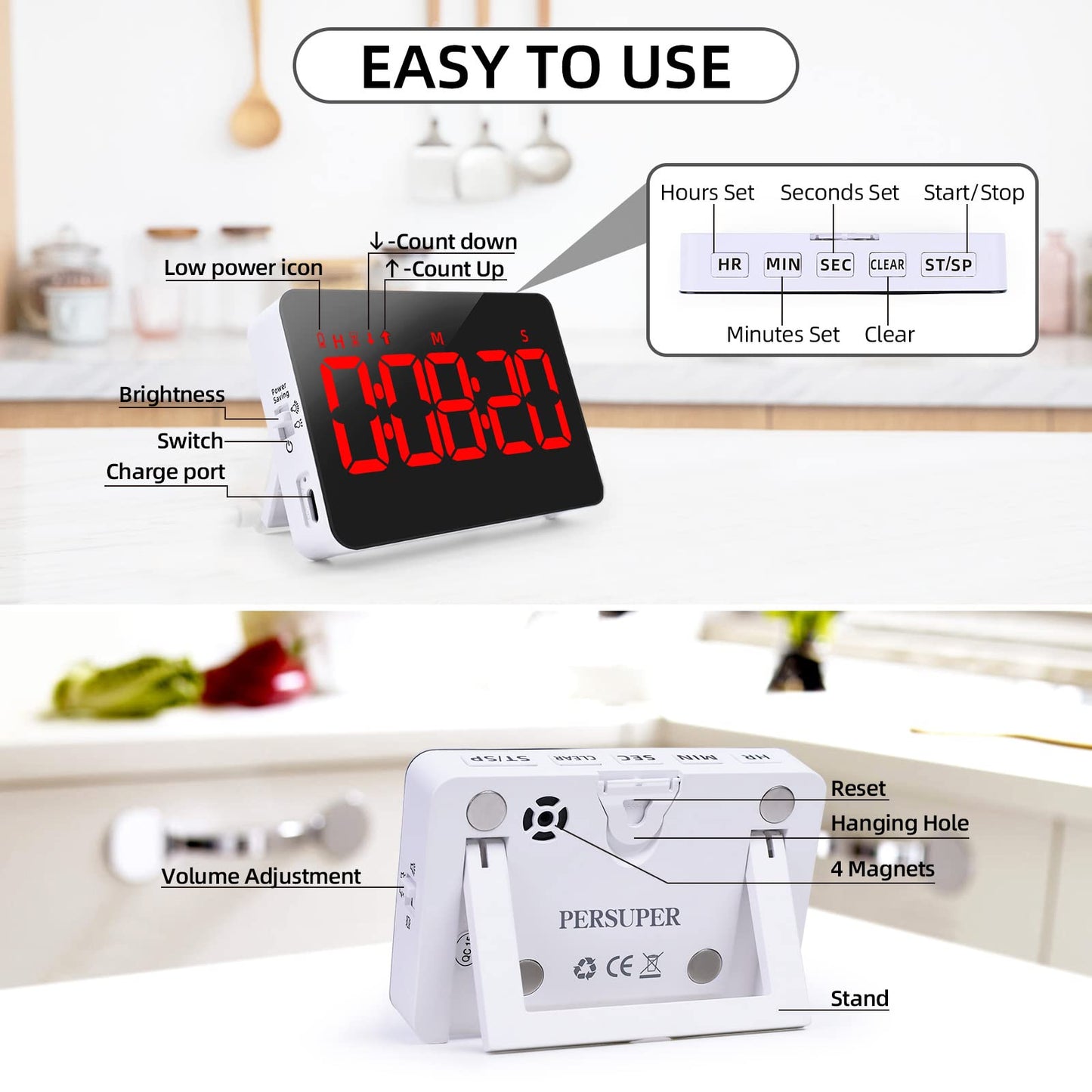 PERSUPER Digital Timer Kitchen Timer Count Down Up Rechargeable Kitchen Gadgets Vibration Mode Adjustable Volume and Brightness LED Display Time Management for Cook, Desk, Kids Adults Study Teaching
