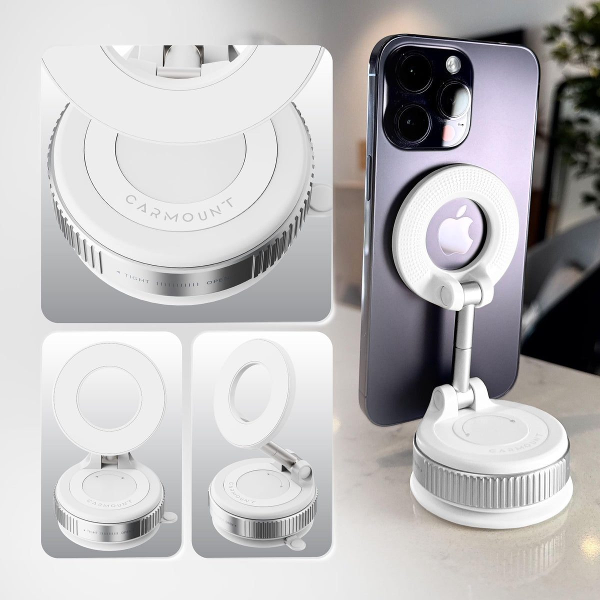 CARMOUNT Clutch-X™ White – Upgraded Vacuum Phone Mount Suction Cup Car Phone Holder for iPhone, Window Phone Mount, 360° Vacuum Magnetic Phone Holder for Car, Magnetic Phone Holder with Suction Cup