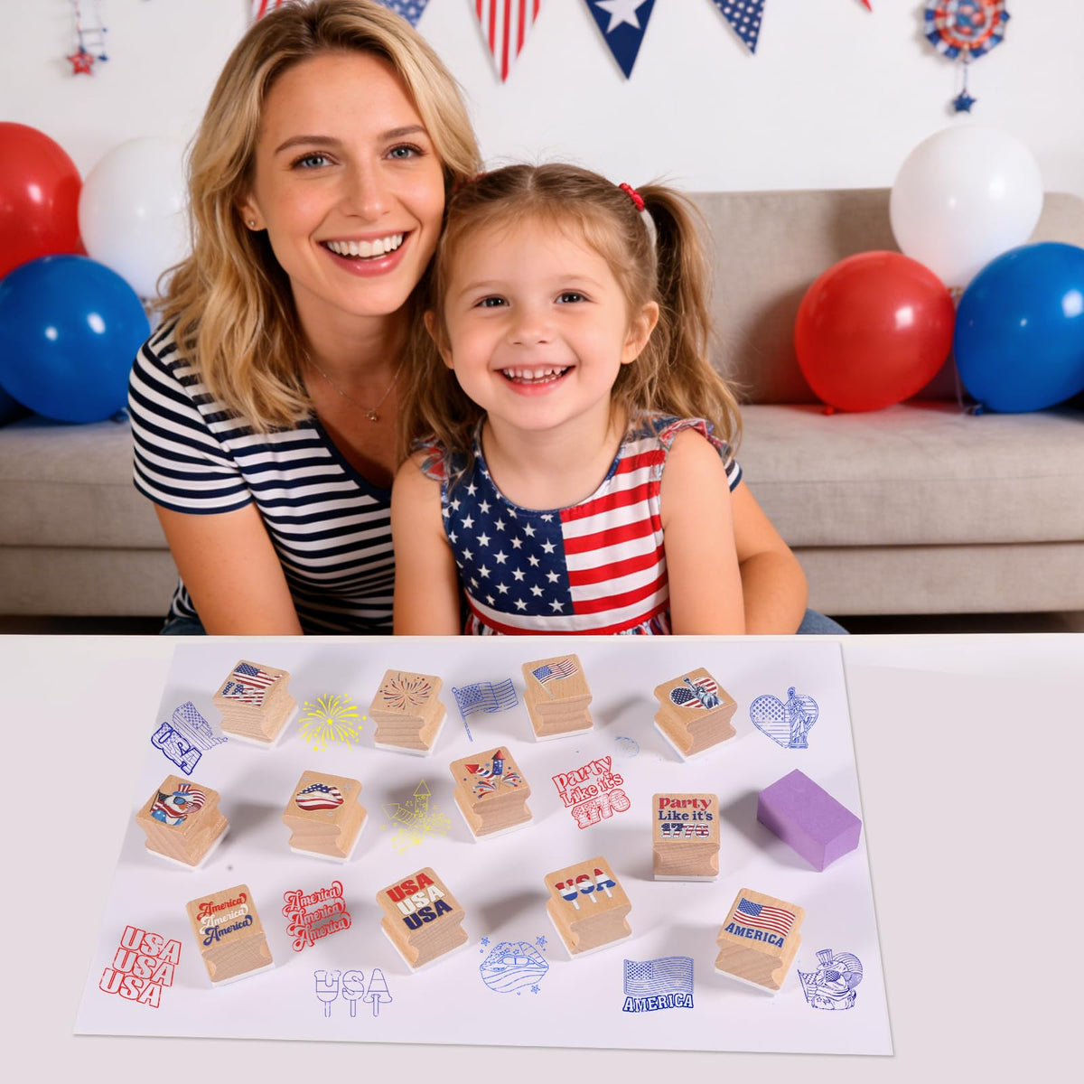 HOWAF USA Patriotic Wooden Rubber Stamps Set, 12pcs 4th of July Stamps Ink Pads for Independence Day DIY Crafts, 250 Years of Freedom Party Favors American Flag Inking Stamp Rubber Stamp