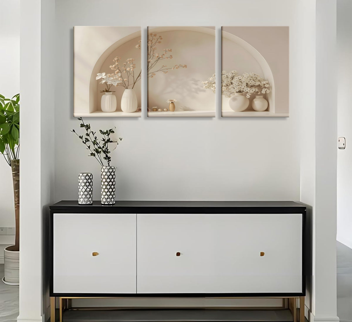 3pcs Framed Canvas Wall Art Arched Wabi Sabi Niche Textured Vases Dried Florals Posters Prints Pictures Paintings Minimalist Warm Beige Wall Decor for Bedroom Living Room Bohemian Decoration