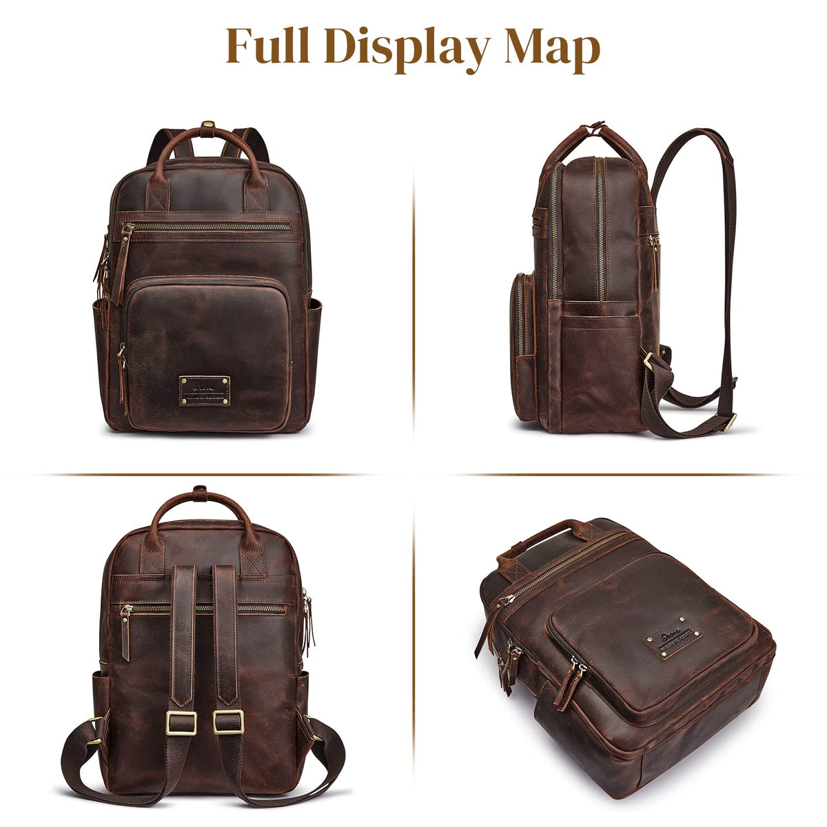 S-ZONE Vintage Genuine Leather Backpack Purse for Women Men Rucksack Travel Daypack with Luggage Sleeve