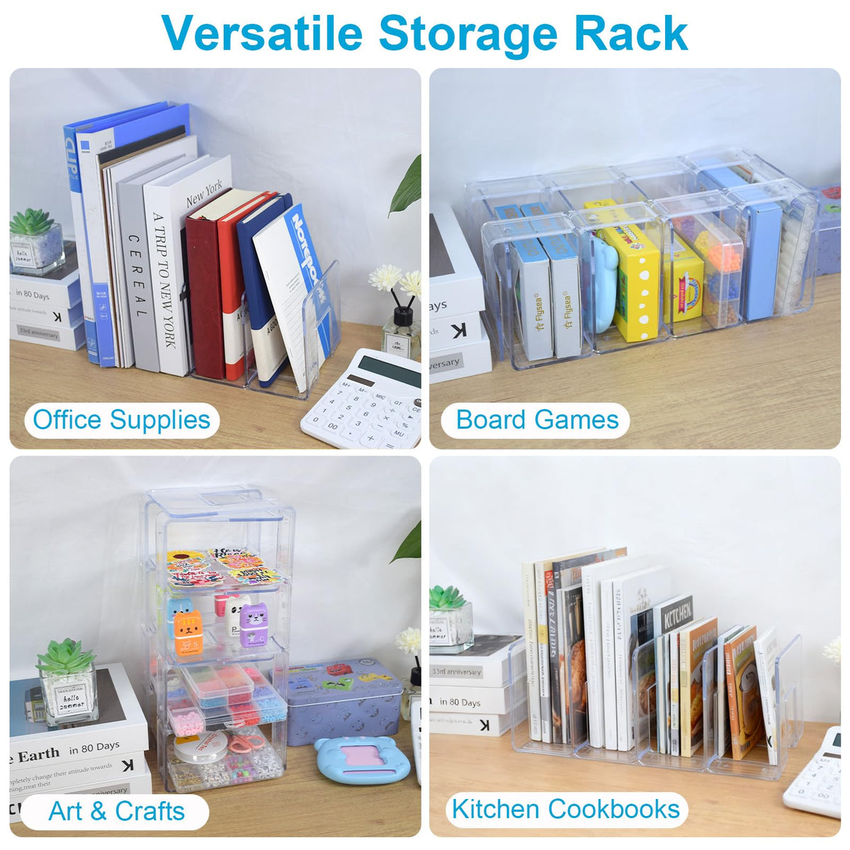 Marte Vanci Clear Acrylic File Sorter, Sturdy Desk File Organizer Shelf Book Holder Purse Handbag Clutch Divider File Folder Rack for Letter Cookbooks Home Office Kitchen Supplies 4 Sections (2 Pcs)