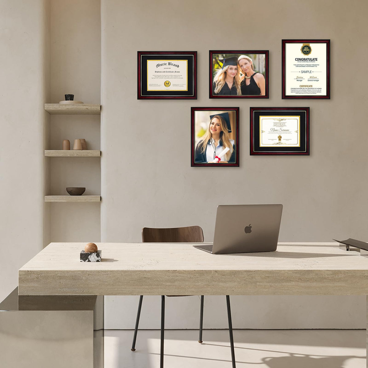 Egofine Diploma Frames 8.5 x 11 with Mat Set of 2 Solid Wood Degree frame Covered by Plexiglass, Certificate Frame 11x14 Without Mat, Picture Frame for Wall and Tabletop, Cherry Red with Gold Edge