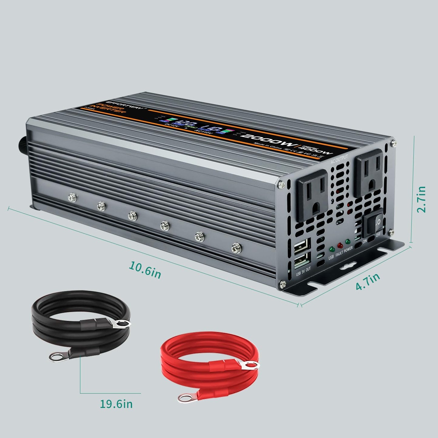 EFFORTWAY 2000W Power Inverter 4000W (Peak). 12V DC to 110V/120V AC Converter with LCD Display, 2 AC outlets, 2 USB, 2000w Inverter for Camping RV Travel Outdoor Truck Off-Grid Solar inverters
