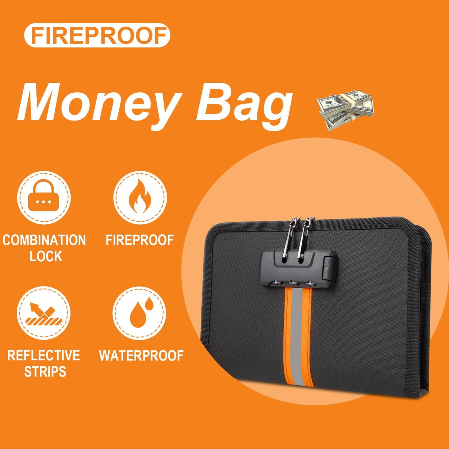 XIAODUN Fireproof Money Bag,Money Bag with Lock and Zipper,Safe Fireproof Waterproof,Suitable for Cash, Mobile Phones, Keys, Credit Cards