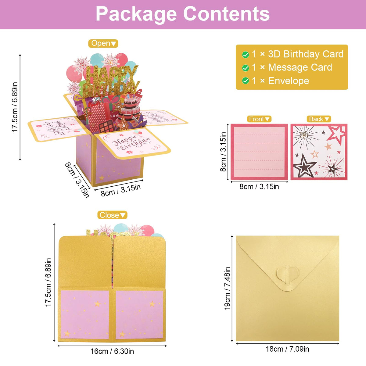 Fushing 3D Pop Up Birthday Card - Sweet Birthday Box Greeting Card Box with Blank Message Card & Envelope, Unique Handmade Scrapbook for Wife, Women, Men, Kids, Daughter, Son, Mom, Dad, Friend (Pink)