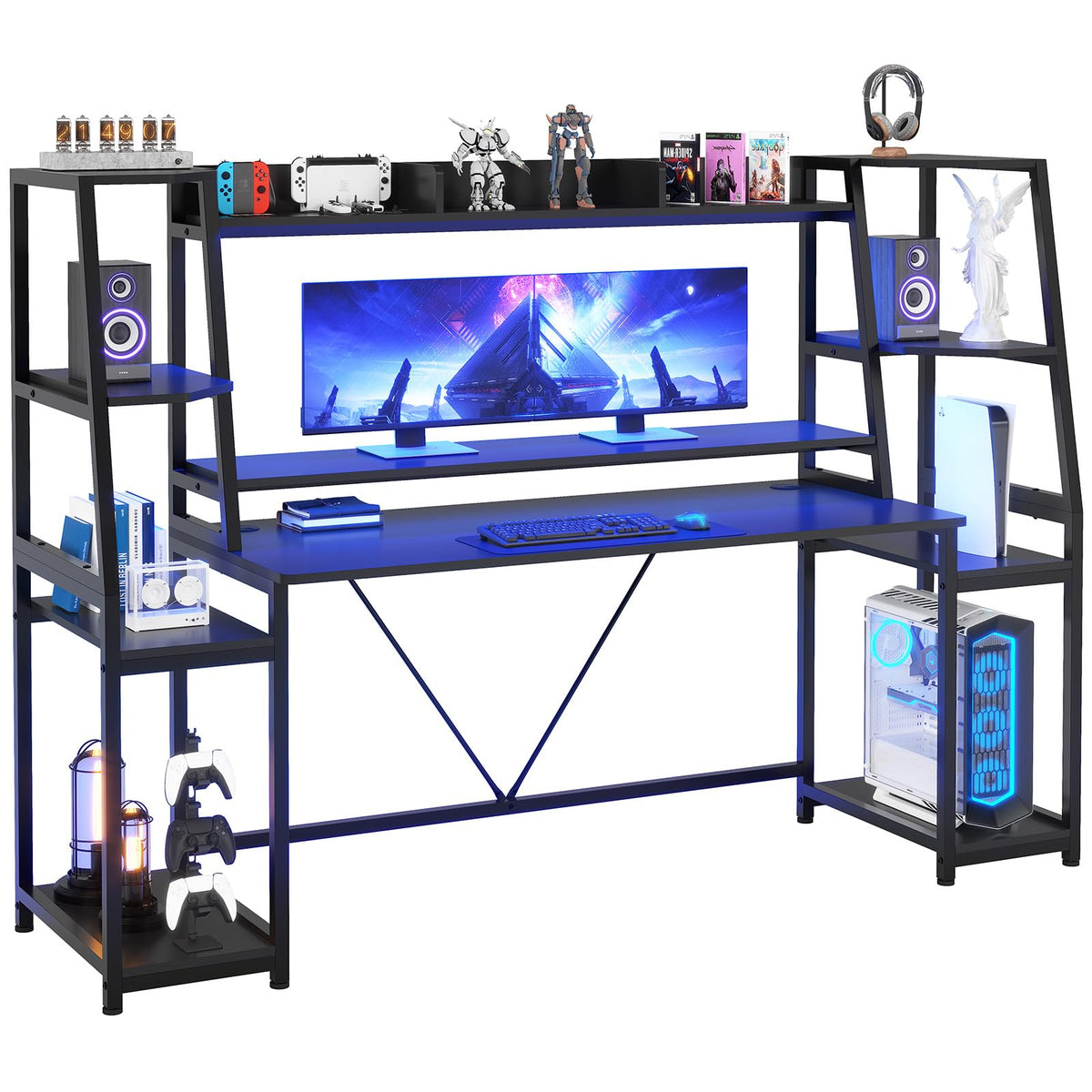 SEDETA Gaming Desk 78.8'' with LED Lights, Hutch and Storage Shelves, Computer Desk with Monitor Stand, Large PC Gamer Desk Workstation, Ergonomic Gaming Table for Bedroom, Living Room, Black