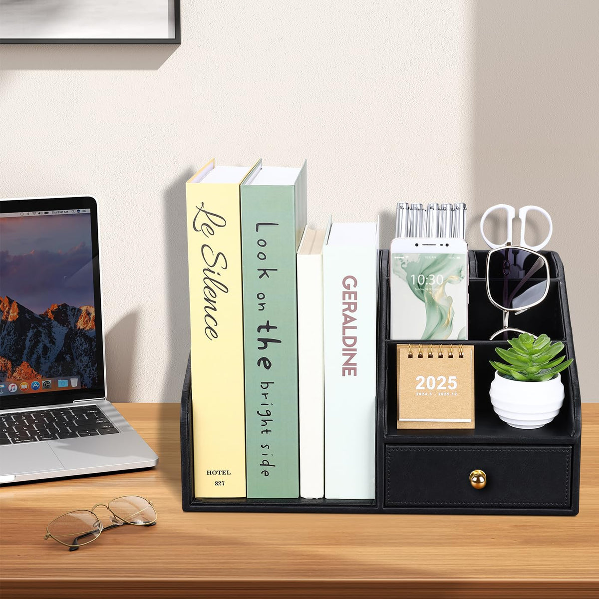 GORESE PU Leather Desk Organizer, File Organizer with Drawer and 4 Compartments, Desktop Organization with Magazine file Holder for Office Supplies, Elegant Gift for Men Who Have Everything, Black