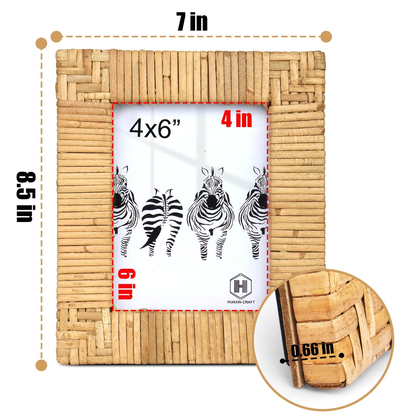 HUAXIN CRAFT H Rattan 4x6 Picture Frame, Boho Photo Frame, Cany Coastal Frame Stand Table Top Desk, High Definition Galss (4x6)