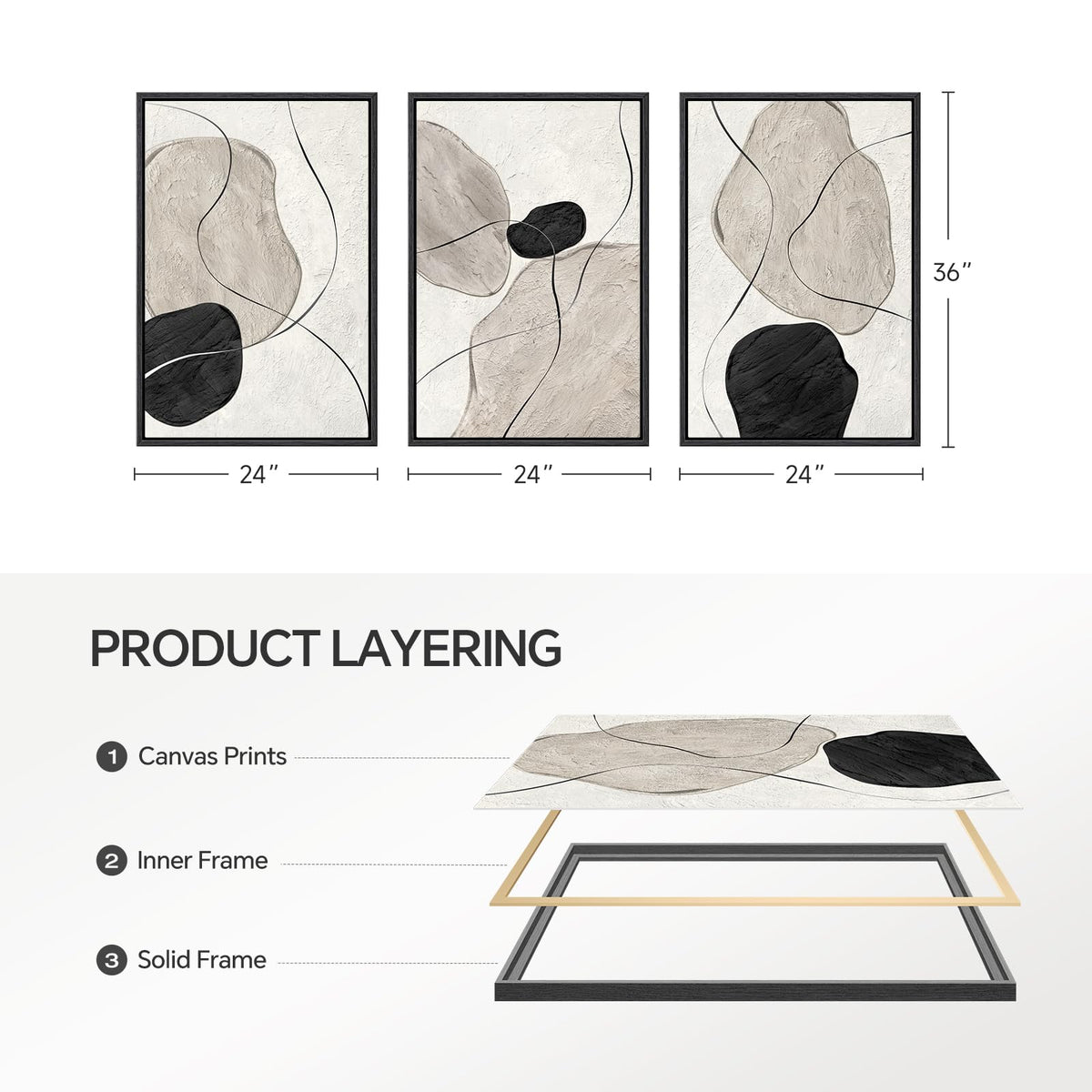 Framed Black and White Abstract Wall Art for Living Room, Large 3 Piece Neutral Minimalist Canvas Artworks, Modern Painting Prints for Dining Room Hallway Home Office Wall Decor, 24x36 In