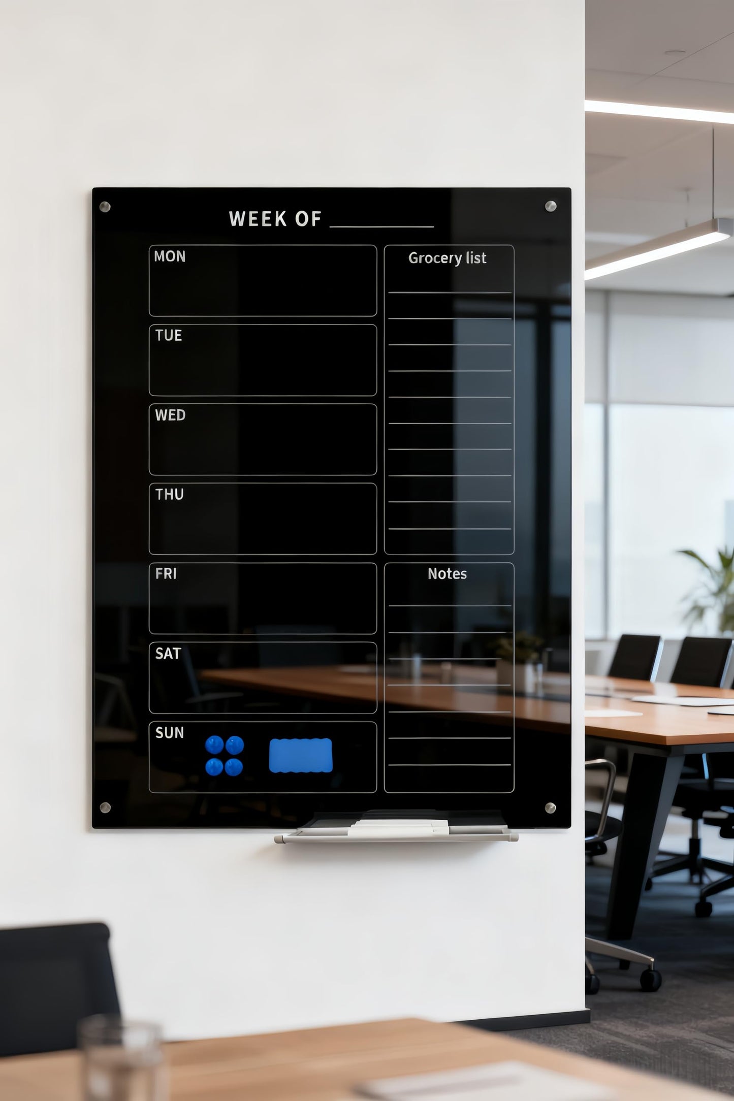 24" x 36" Magnetic Weekly Glass Planner Whiteboard Frameless Black Dry Erase Calendar for Office or Home Kitchen - Premium Tempered Glass, Vertical Wall-Mounted (6 Markers Included)