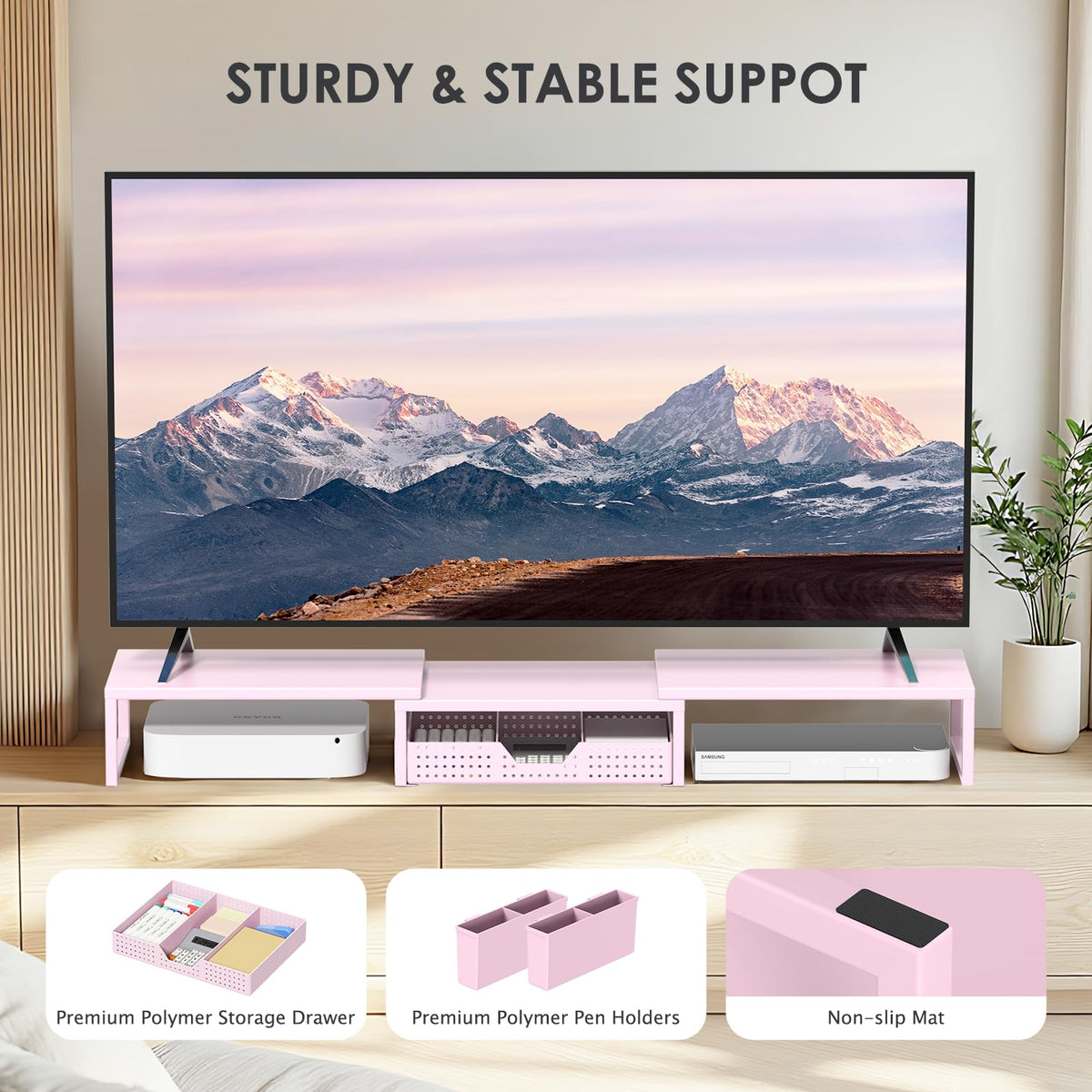 OPNICE Desk Organizers and Accessories, Dual Monitor Stand Riser with Drawer and 2 Pen Holders, Desk Shelf Metal Computer Racks for Office Workspace Organizers, Desktop Organization (Pink Metal)
