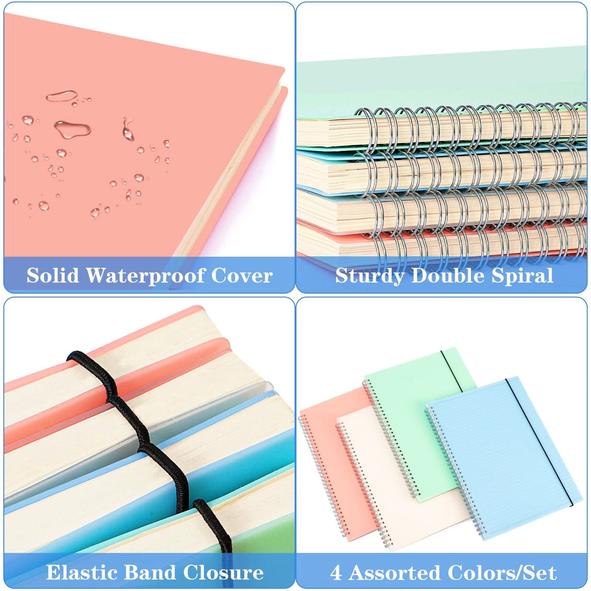 Spiral Notebook, College Ruled Notebook Journal, 4 Pack Large B5 Lined Notebooks for Work, School, Notes Taking, 8" x 10" Subject Notebook, 560 Thick Paper, 24pcs Index Tabs, Assorted Pastel Notebook
