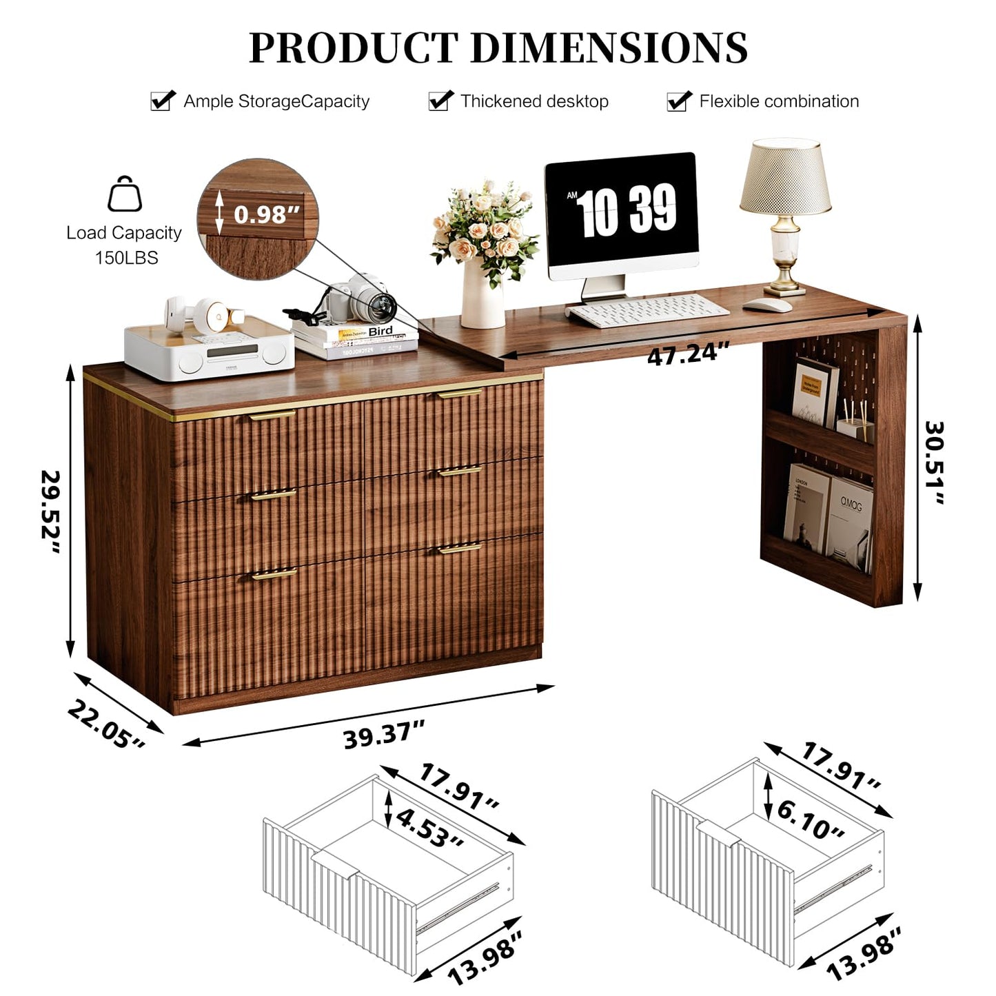 Ieejdn L Shaped Standing Desk,47" Home Office Desks, Executive, Farmhouse Computer Desk with 6 Drawers File Drawer, Rustic Computer Writing, Walnut