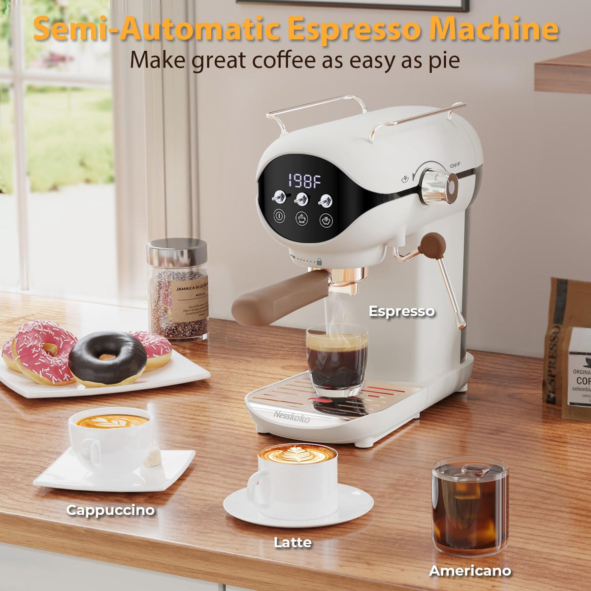 Nesskoko Espresso Machine with Steam Milk Frother Semi Automatic 20 Bar Compact White with Toggle Switch for home Cafetera Espresso, Latte, Cappuccino, Americano, Macchiato