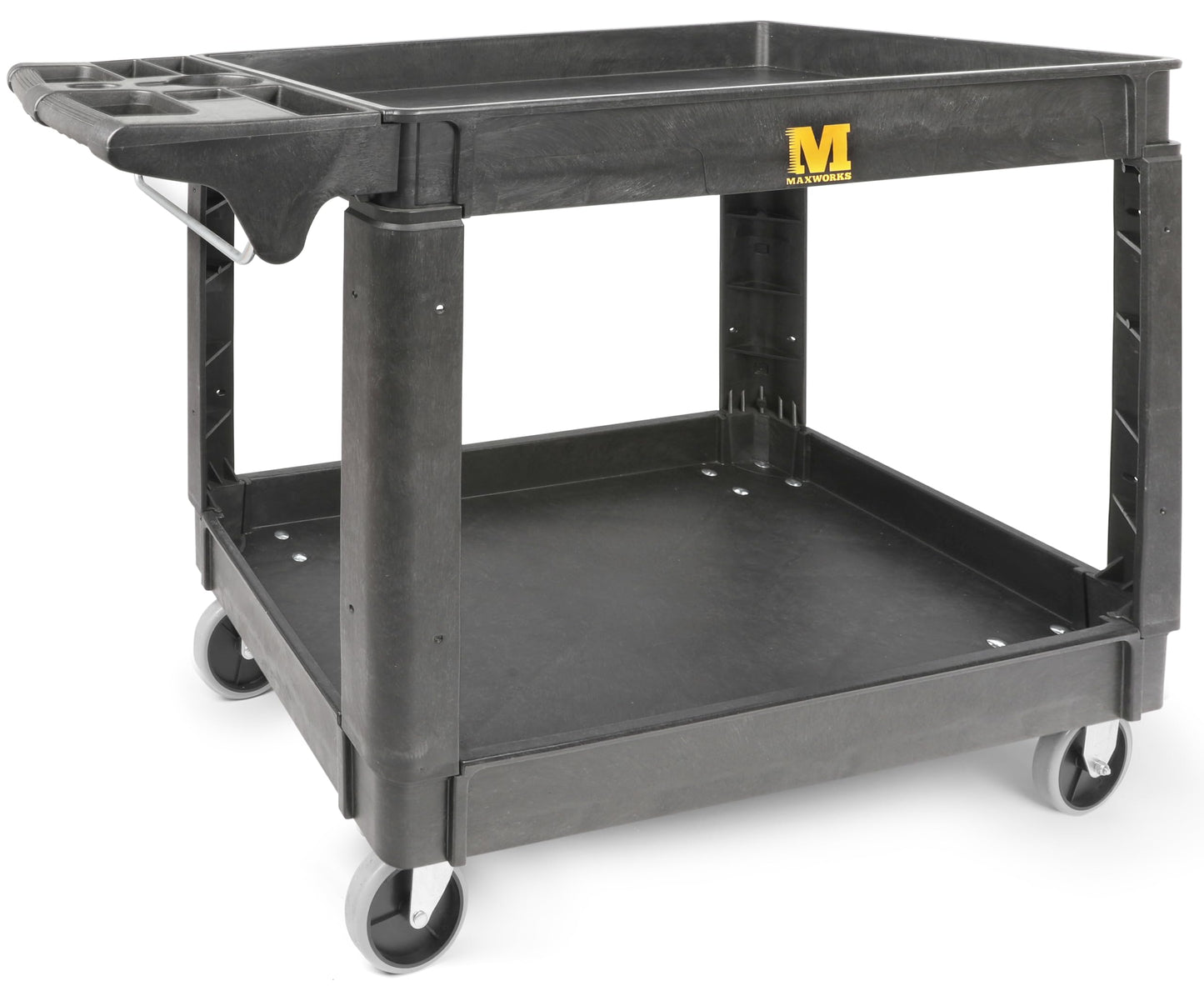 MaxWorks Heavy Duty 2‑Shelf Service Cart 500 lb Capacity Polypropylene Utility Cart with 5" Non‑Marring Casters Deep Trays and Built‑In Tool Storage for Garage Warehouse Workshop (80855)