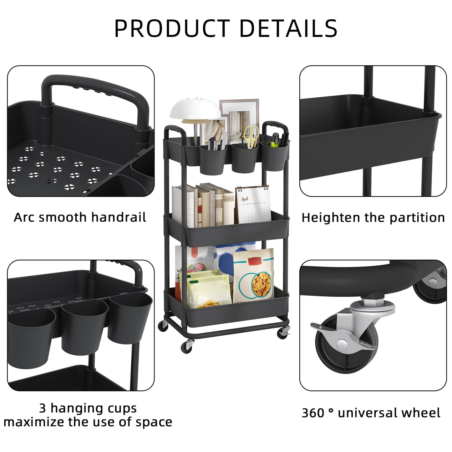 JIUYOTREE 3-Tier Plastic Rolling Storage Cart Utility Cart with Extra Hanging Cups Handles Lockable Wheels for Living Room Bathroom Kitchen Office Black