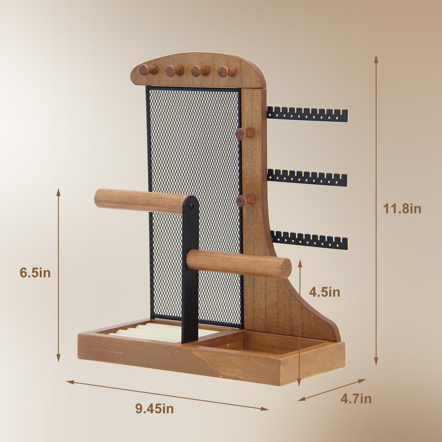 KOOAAICCHI Jewelry Organizer Stand Wooden Multi-Tier Jewelry Display Rack,Anti-tangle Necklace Holder,Jewelry Stand with Velvet Tray for Rings,Earrings and Bracelets (Brown)