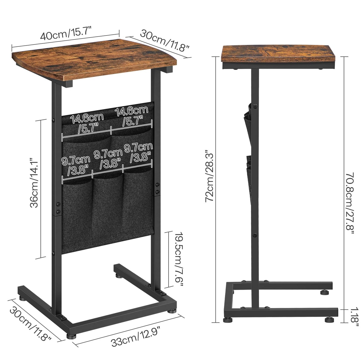 HOOBRO C Shaped End Table, 28.3" Side Table for Small Spaces, Couch Table with Storage Bag, Slide Under Sofa Side Table, for Living Room, Bedroom, Rustic Brown and Black BF40SF01