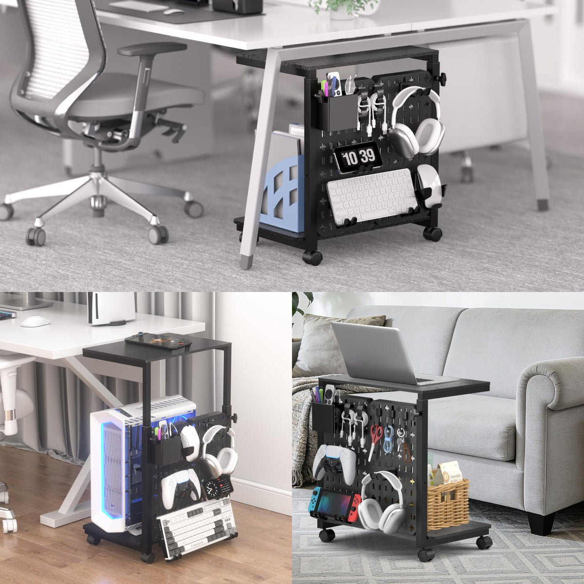 Computer Tower Stand with Pegboard Organizer, Height Adjustable 2-Tier PC Tower Shelf for Floor with Accessories, CPU Holder Cart with Locking Wheels for Most PC Gaming Home Office, 24.2-29.5"