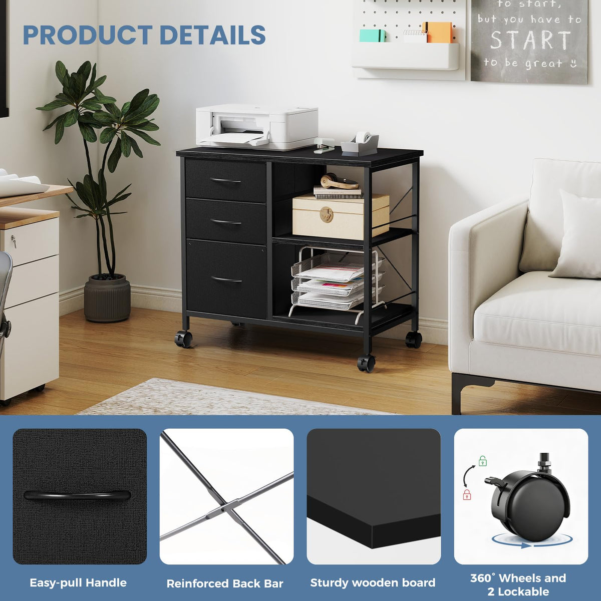 DUMOS 3-Tier Mobile File Cabinet, Printer Stand with Storage, Office Table with Drawers and Back Support Bar, Holds 110lb for Home Office, Rustic Black