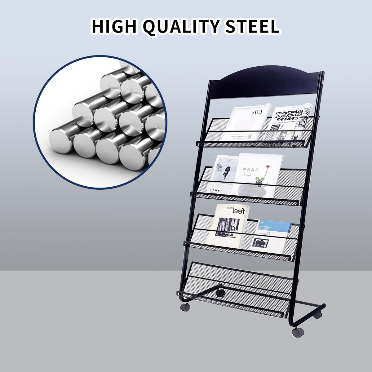 Vmsiuory Floor Standing Magazine Rack,The Wheels with Locking 4 Tier Document Display Rack for Exhibition Office Shopping Mall Waiting Room and Other Places (BLACK