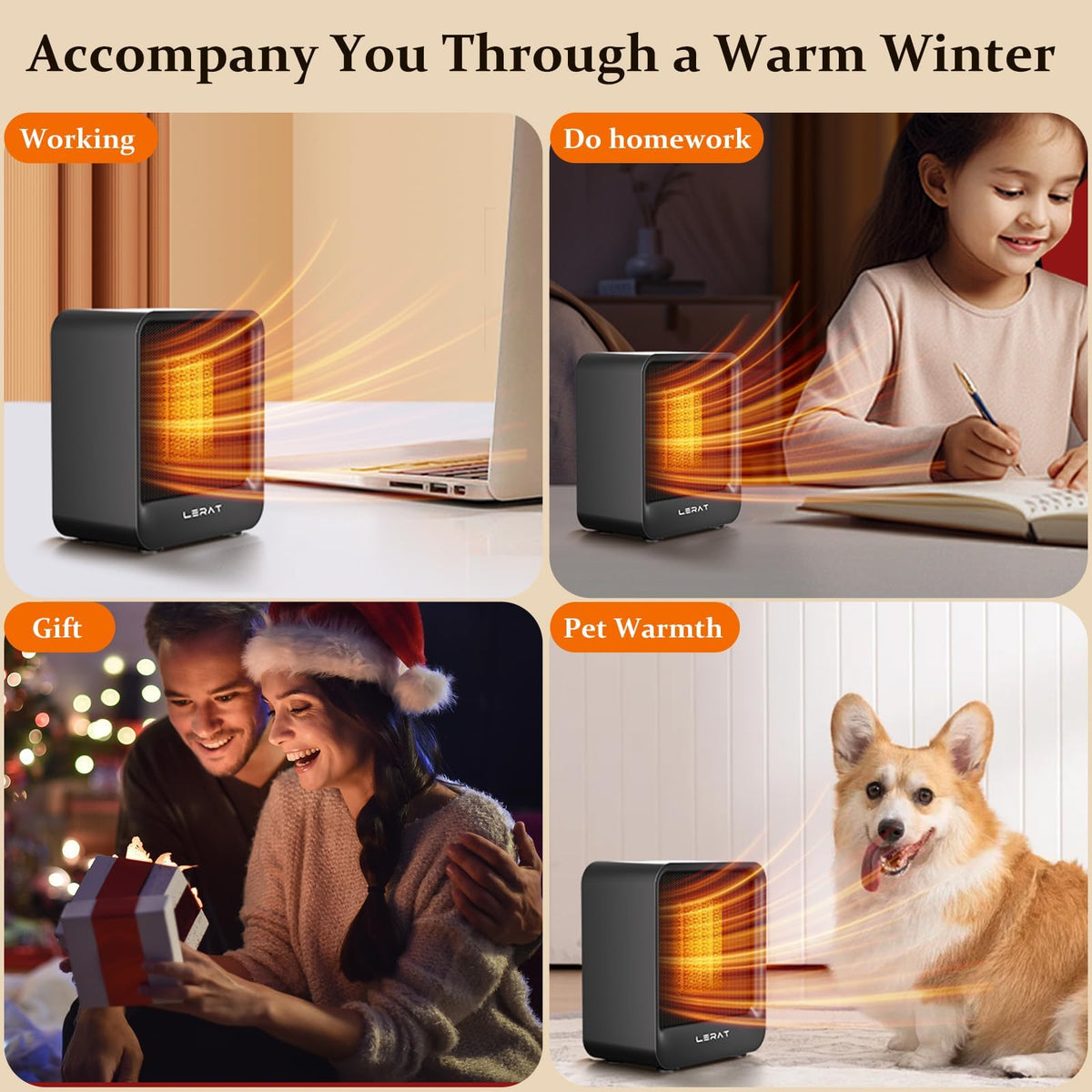 Lerat Space Heater, Portable Mini Heater for Indoor Use, 500W Fast Heating Small Desk Heater with Overheating & Tip-Over Protection, Lightweight Electric Heaters for Office, Home, Camping (Black)