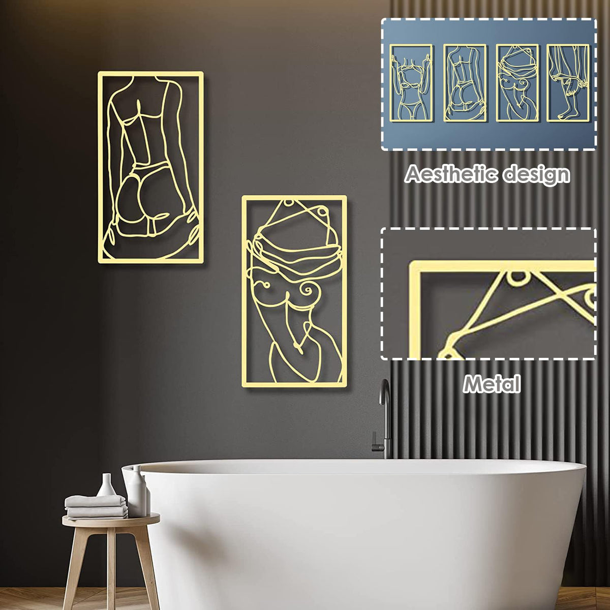 DoMyfit 4-Piece Abstract Line Metal Wall Art Print Decor Line Drawing Home Hanging Wall Art for Living Room Bedroom Wall (Gold)