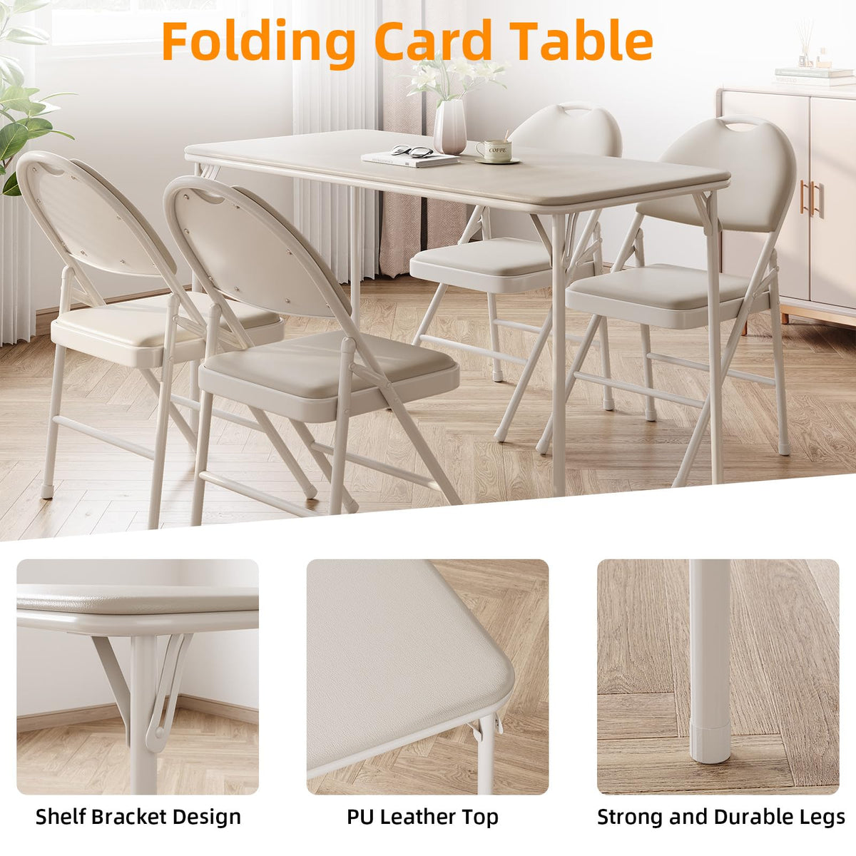 IDEALHOUSE Protable Folding Table and Chairs, 5 Piece Folding Card Table and Chairs Set, Foldable PU Upholstered Table and Chairs Set of 5, for Dining Room, Living Room, Office, Camping, Beige