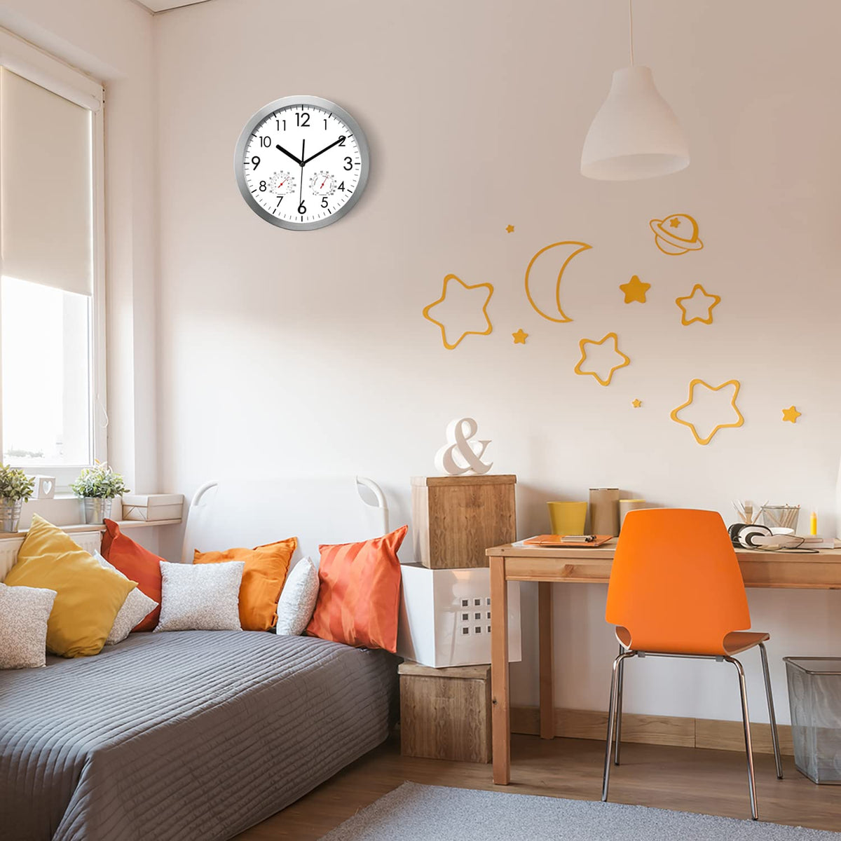 WOOPHEN 12 Inch Wall Clock with Temperature and Humidity, Battery Operated Non Ticking Silent Metal Frame Wall Clocks for Office, Home, Bathroom, Kitchen, Bedroom, School, Living Room(Silver)