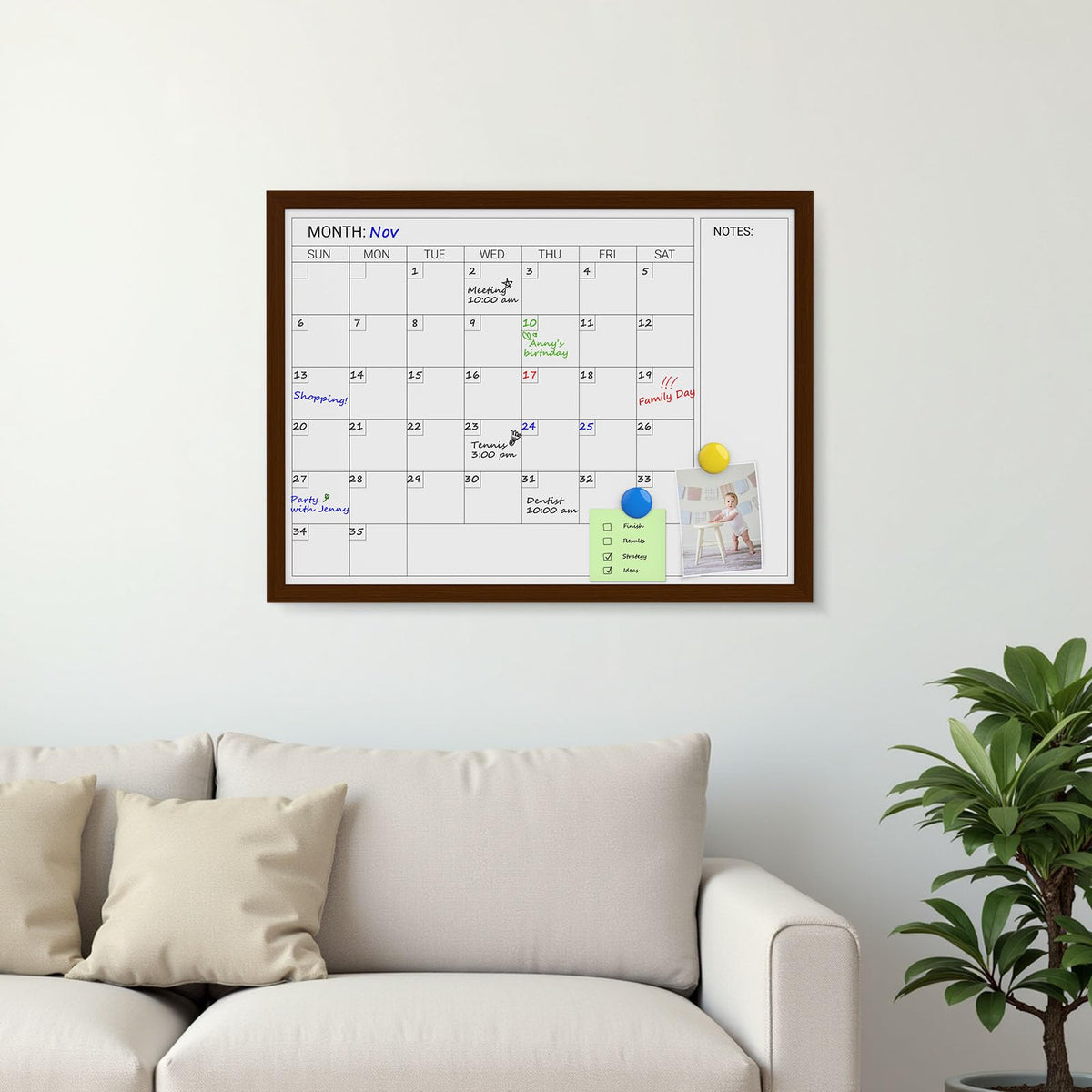 Comix Dry Erase Calendar Whiteboard for Wall, Magnetic Dry Erase White Board with Brown Wood Frame, 24 * 18 inches Decorative Planner Board for Office, Kitchen, School, Home