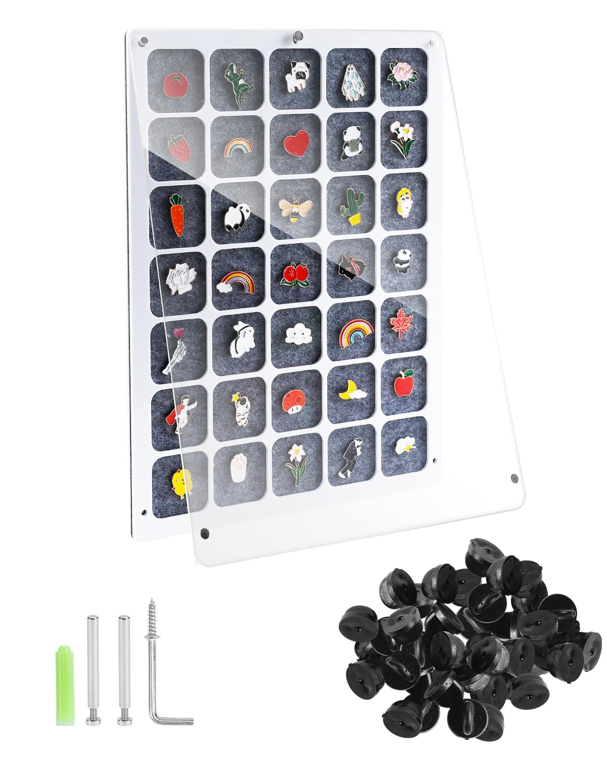 UCEC 35 Grids Clear Acrylic Pin Display Board & 50 PCS Rubber Pin Clutches, Enamel Pin Collection Display Case for Pin Holder, Badge Brooch Pins Organizer Board, Dust-Free Wall & Table Holder Display