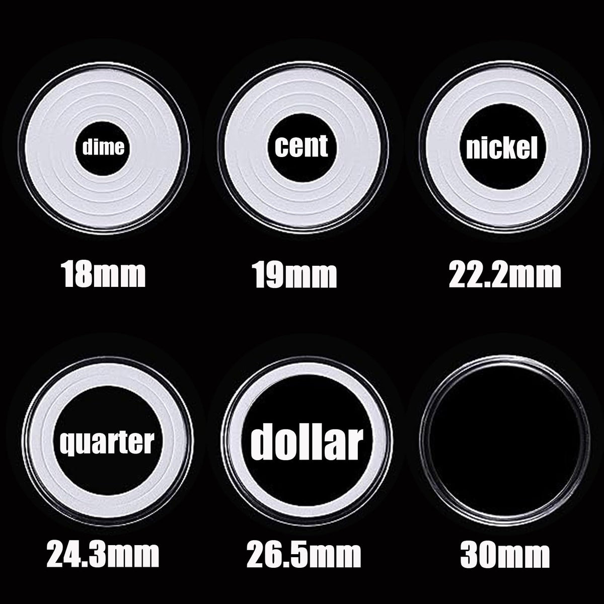 MUQING 240 PCS 30mm Plastic Coin Capsule Holder, 5 Sizes Protect Gasket Coin Case for Collectors, Round Coin Collecting Supplies with Storage Box