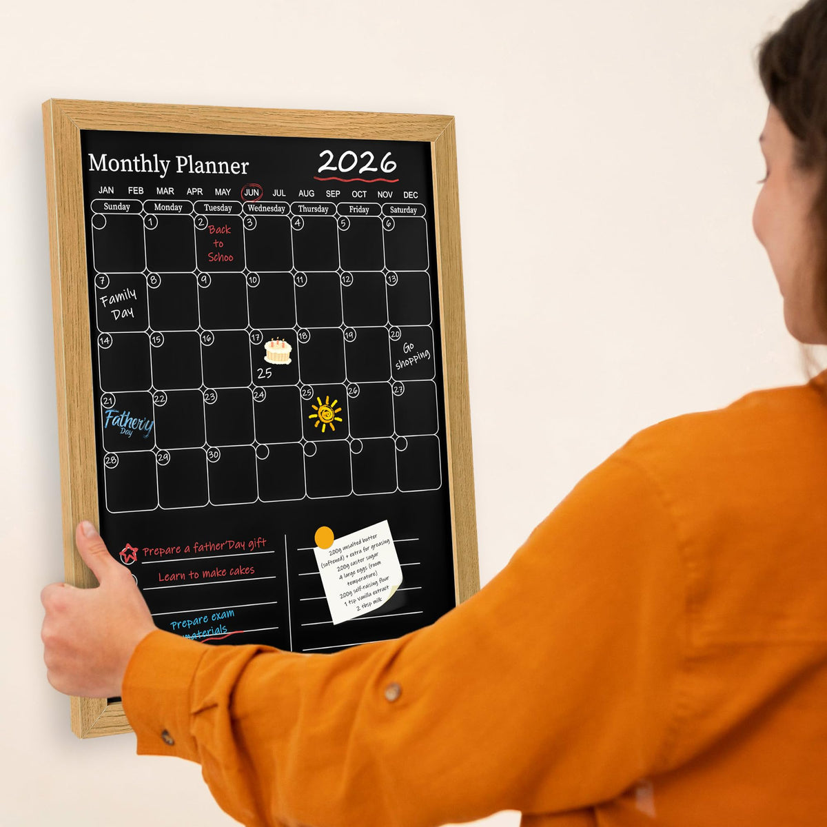 Magnetic Chalkboard Calendar for Wall – 17x13 Monthly Dry Erase Planner with Natural Wood Frame, 2-in-1 Vertical Memo & to-Do Board