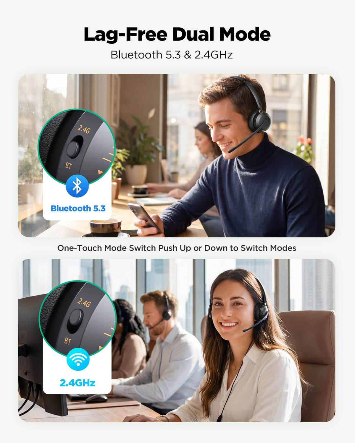 Wireless Headset with Mic for Work, AI ENC Noise Cancelling for Clear Call & Meeting, Work Headset with Charge Stand for Remote & Office, Bluetooth 5.3 & 2.4G Dongle Headset for PC, Phone, Teams, Zoom