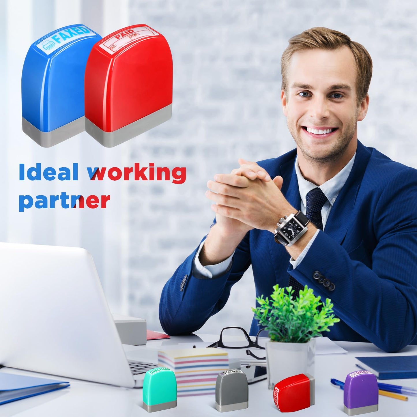 Yeaqee 16 Pcs Self Inking Rubber Stamp Set for Office Approved Paid Copy Faxed Scanned Message Account Business Stamps Paper Work Text Ink Stampers