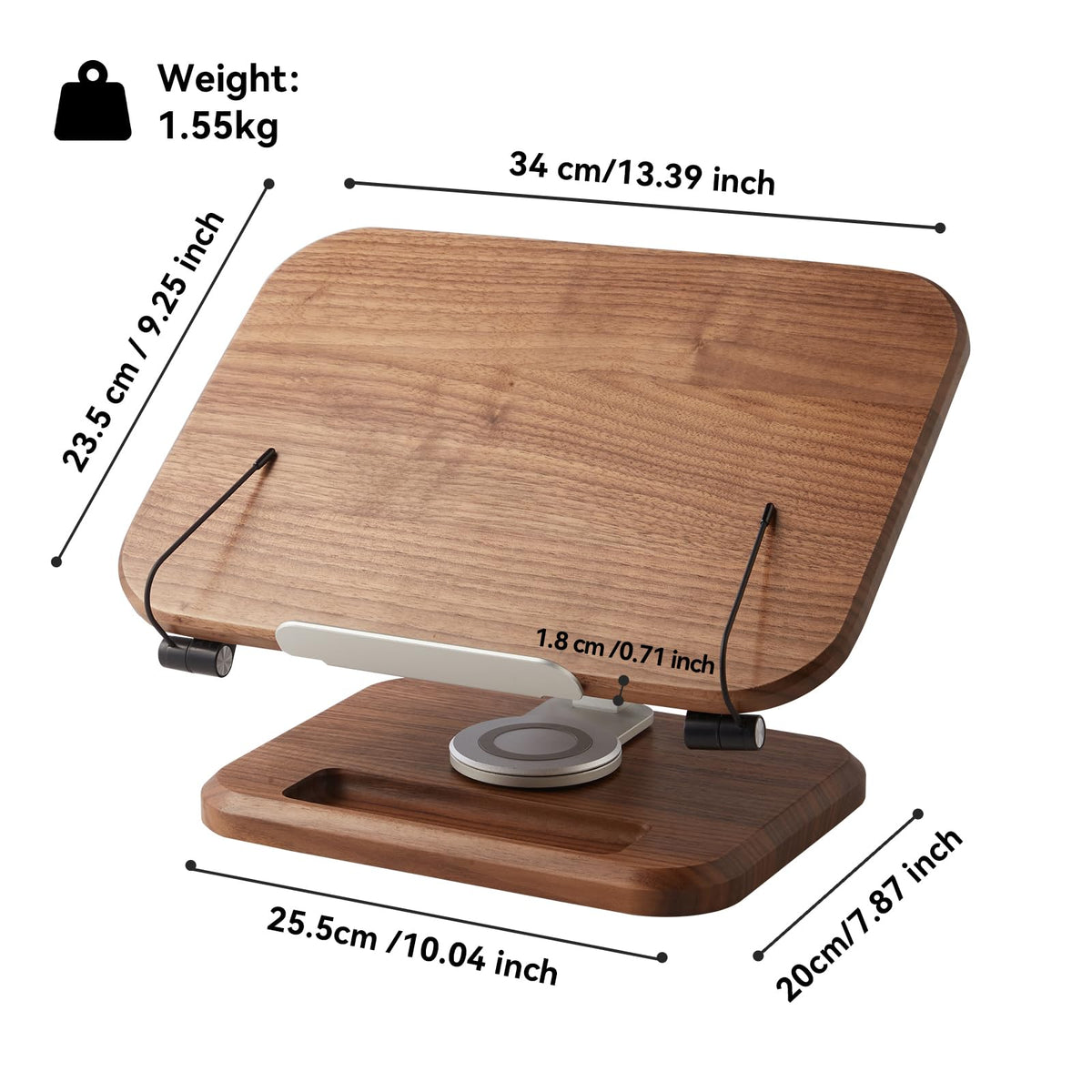 Book Stand for Reading, Mayhas Adjustable Book Holder with 360° Swivel Base&Page Clips, Foldable Desktop Stand for Cookbook, Fits All Books (Walnut, Wood Base)
