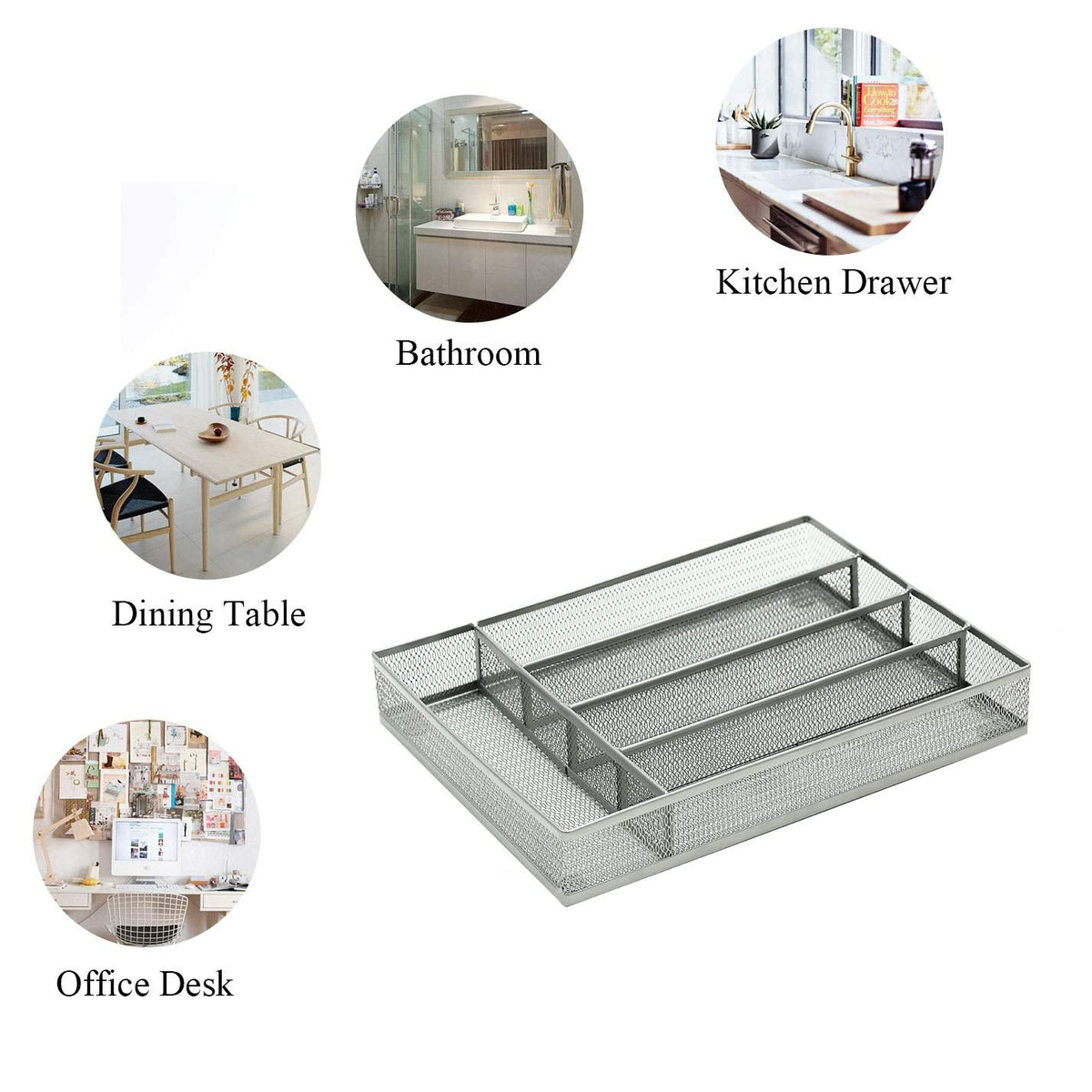 JANE EYRE Drawer Organizer, Cutlery Tray Silverware Flatware Storage Divider for Kitchen, Mesh Wire with Non-slip Foam Feet, 5 Component, Silver
