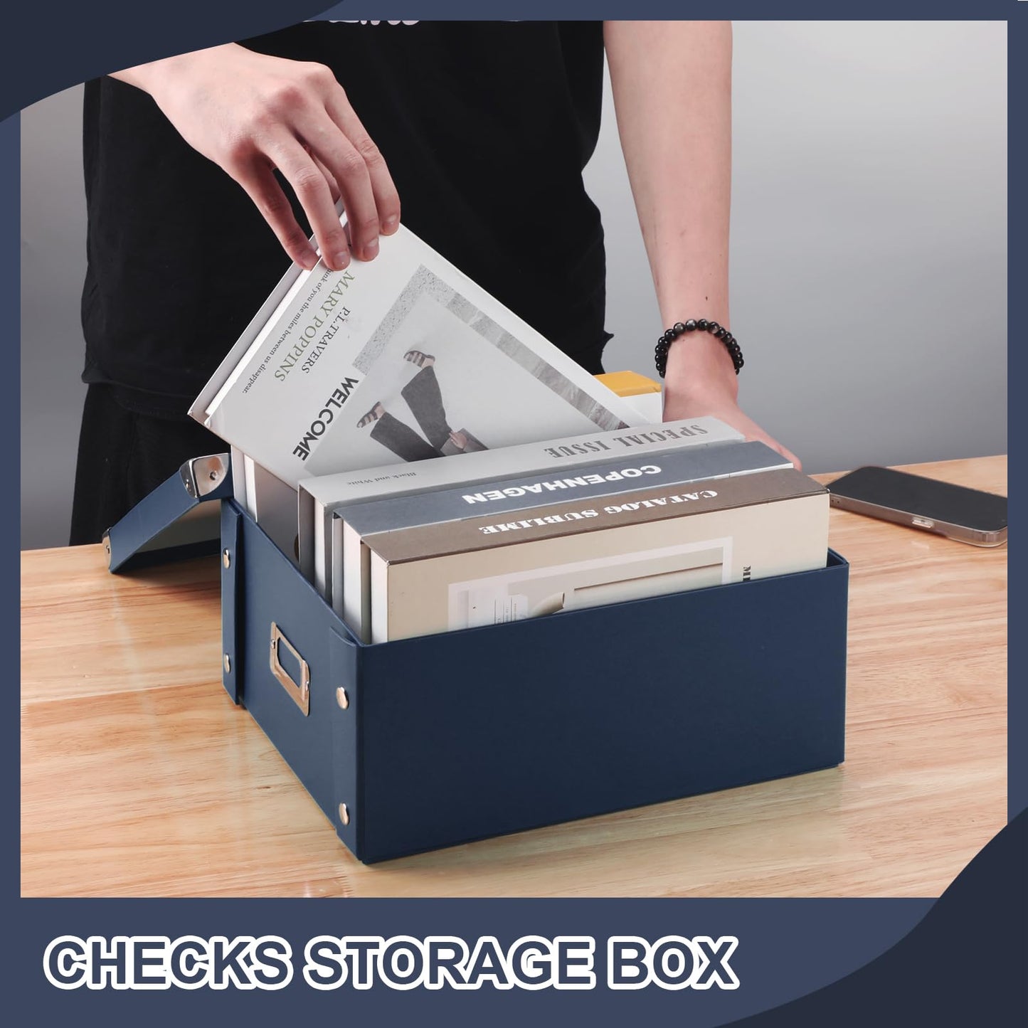 DLUGOPIS Checks Storage Box with Lid Document Boxes Banker Boxes Document Bin Foldable Cardboard Record Boxes For Business Pesonal Orangize Files 12"x10"x5"(Navy Blue, 1 pcs)
