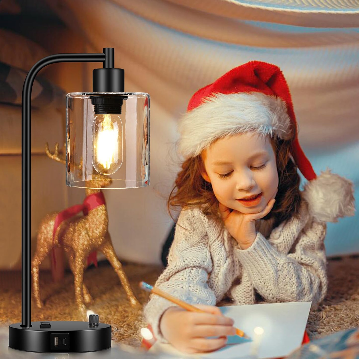 Set of 2 Industrial Table Lamps with USB C+A Ports and Outlet, Fully Stepless Dimmable Bedside Lamps for Bedrooms, Nightstand Desk Lamp with Glass Shade for Reading Living Room Office (Bulbs Included)