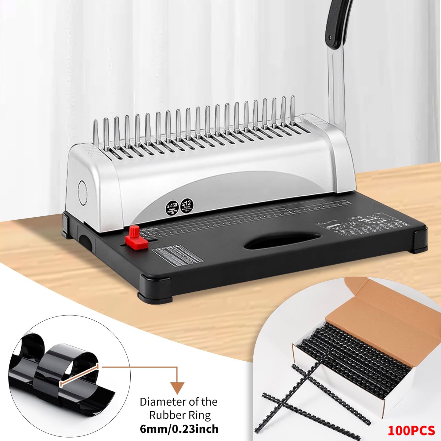 Comb Binding Machine, 21-Hole, 450 Sheets Capacity, Punch up to 12 Sheets,Punch Comb Binder Machines for Letter Size A5/A4 Paper with 100pcs 1/4" Binding Spines