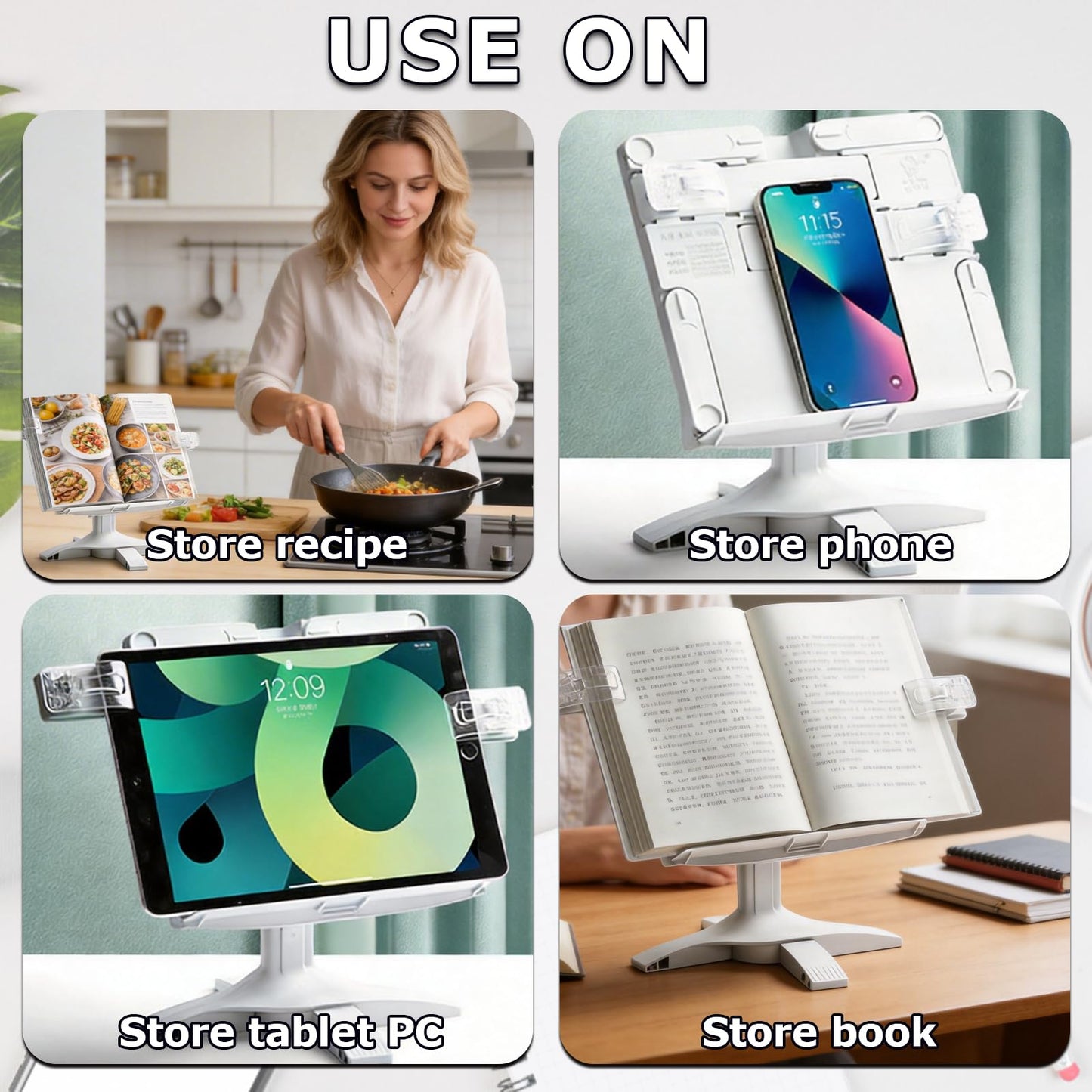 Adjustable Book Stand for Reading,160° Rotating Hands Free Book Stand,Adjustable Height and Angle Recipe Book Holder, with Extendable Page Clips, for Tablet,Laptop,Magazine,Recipe