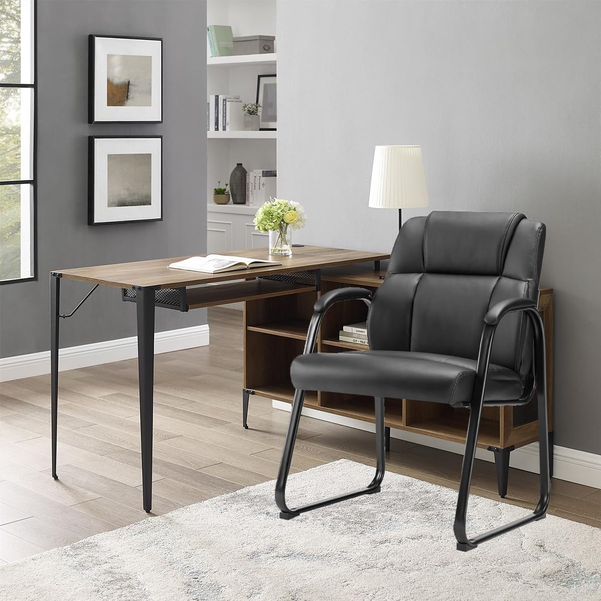 Simple Deluxe Leather Guest Chairs with Padded Arms & Sled Base - Set of 1 Stationary No Wheel Waiting Room Chair for Conference Reception Rooms, Lobby, Home Office Computer Desk, Bedroom, Black