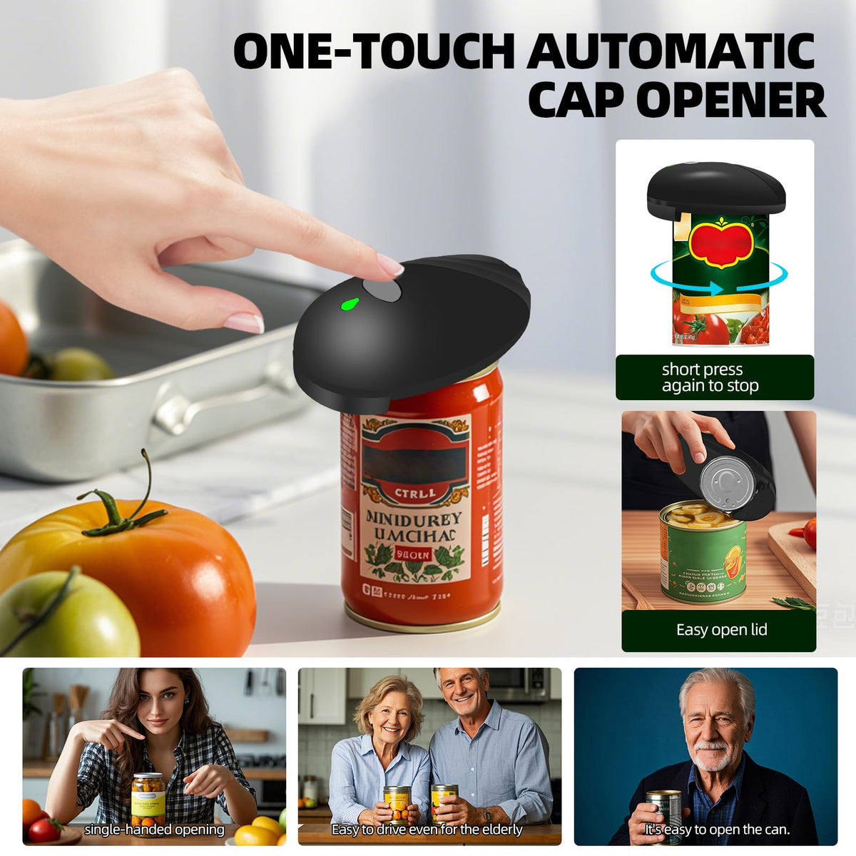 Rechargeable Auto Electric Can OpenerTouch Side Cut Opener Open Your Cans with A Simple Press of Button - Automatic,Smooth Edge,Food-Safe,for Kitchen for Seniors with Arthritis Small Size (Black)