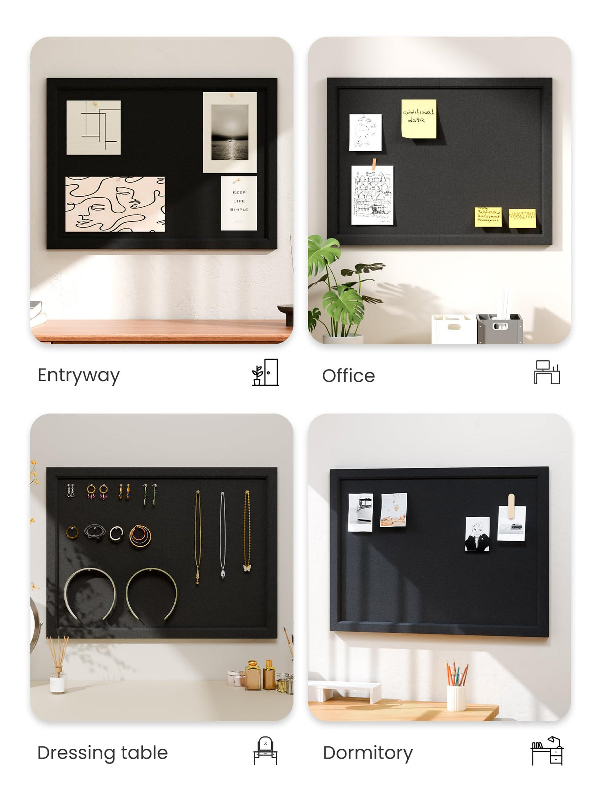 Fluxynara Foldable Cork Board Alternative, Felt Bulletin Board 24" x 18" Black Frame with 16 Adhesive Tabs, Pin Board for Home Office, Classroom, Entryway, Kitchen Wall Decor—Black